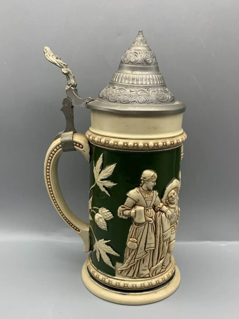 Vintage German Gestzlich Tavern Scene Stein with Pewter Hinged Lid